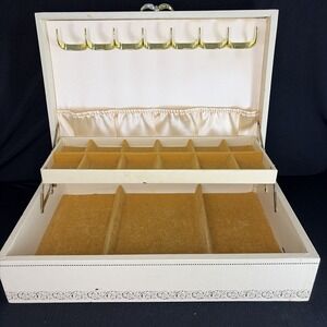 Vintage Mele Ivory Jewelry box Two Tier w Necklace Hooks, Mustard, 12.5x8x3.5